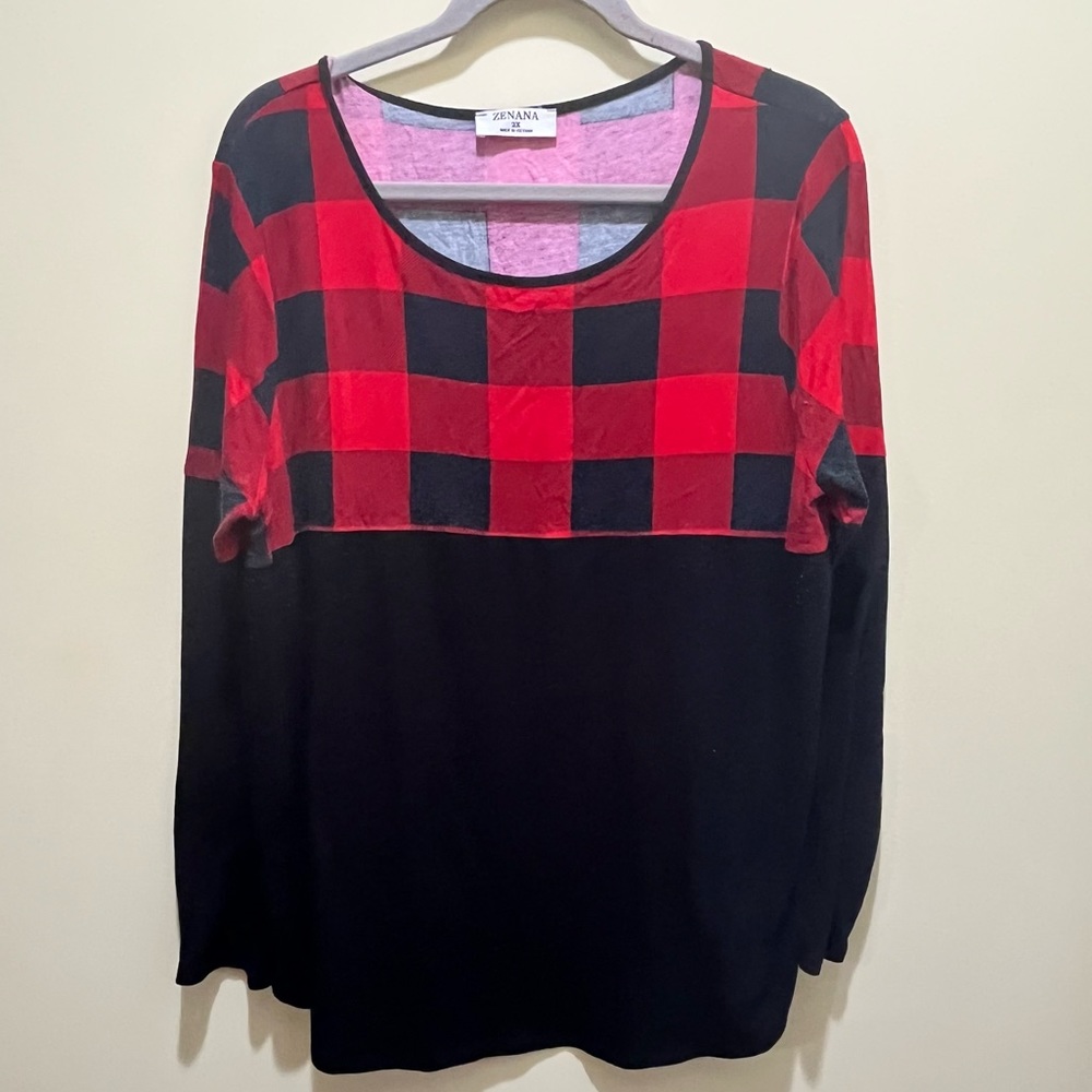 Zenana Buffalo Plaid Long Sleeve Top Size 2X - Picture 2 of 5